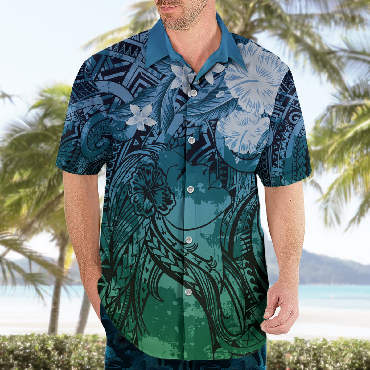 Pacific Beauty Girl Hawaiihemd Blau Polynesisches Tribal Vintage Motiv LT9