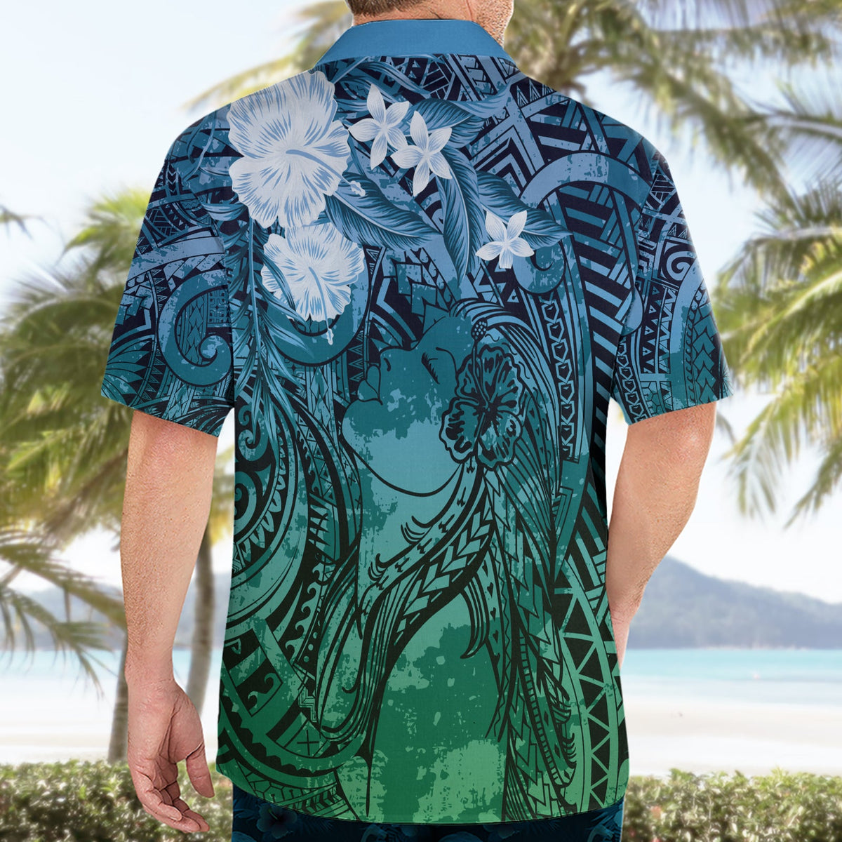 Pacific Beauty Girl Hawaiihemd Blau Polynesisches Tribal Vintage Motiv LT9