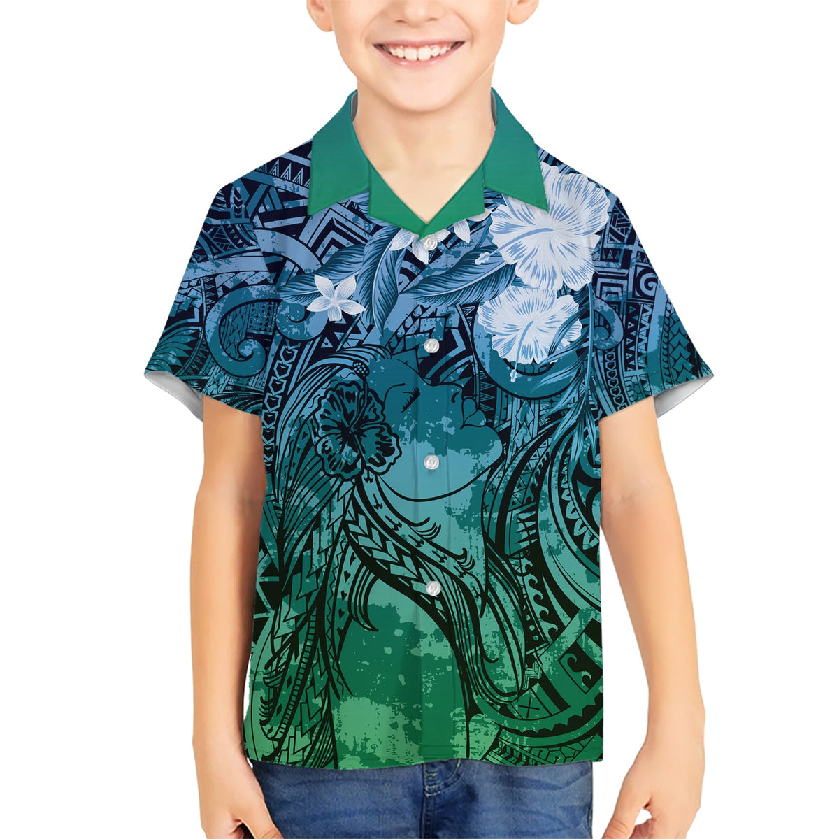 Pacific Beauty Girl Hawaiihemd Blau Polynesisches Tribal Vintage Motiv LT9