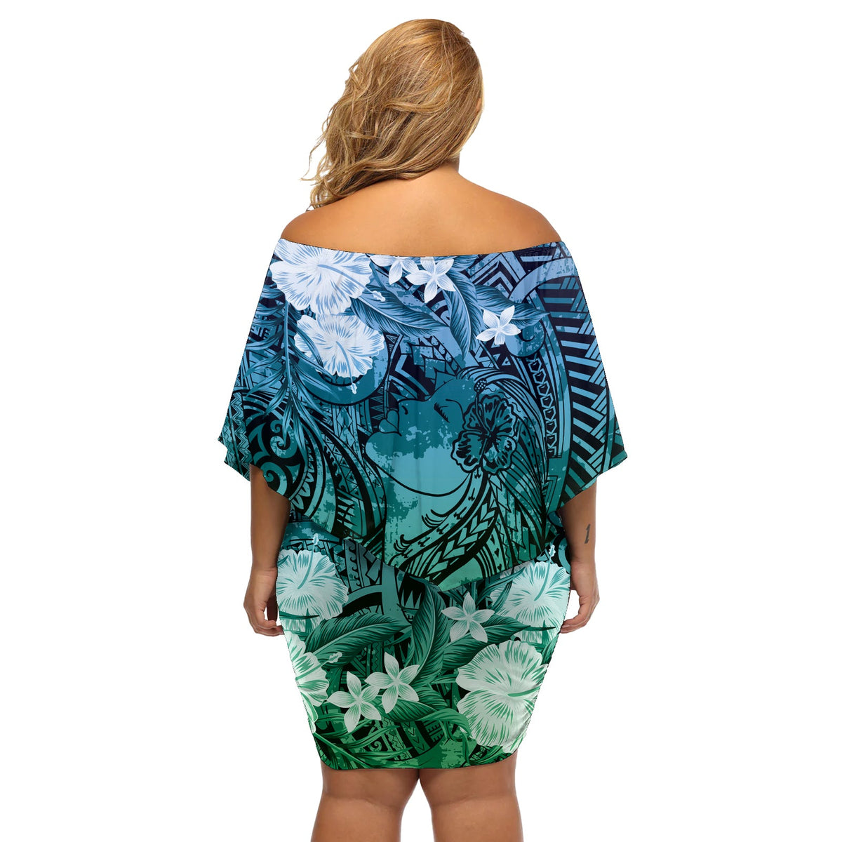 Pacific Beauty Girl Schulterfreies Kurzes blumen kleid Blau Polynesisches Tribal Vintage Motiv LT9