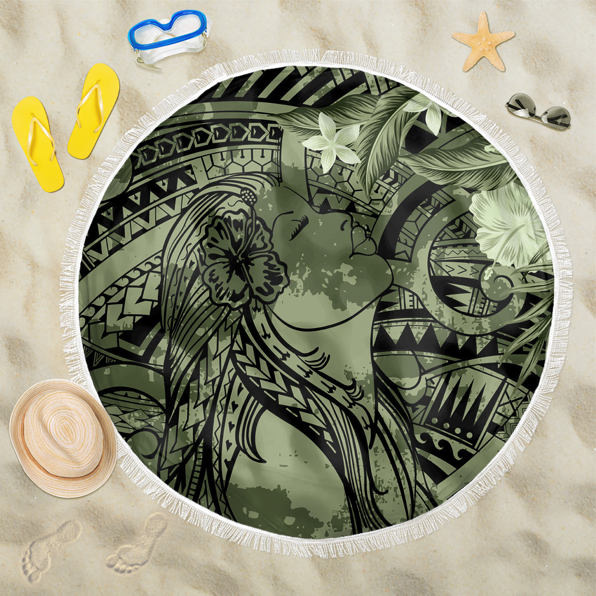 Pacific Beauty Girl Beach Blanket Green Polyneisan Tribal Vintage Motif
