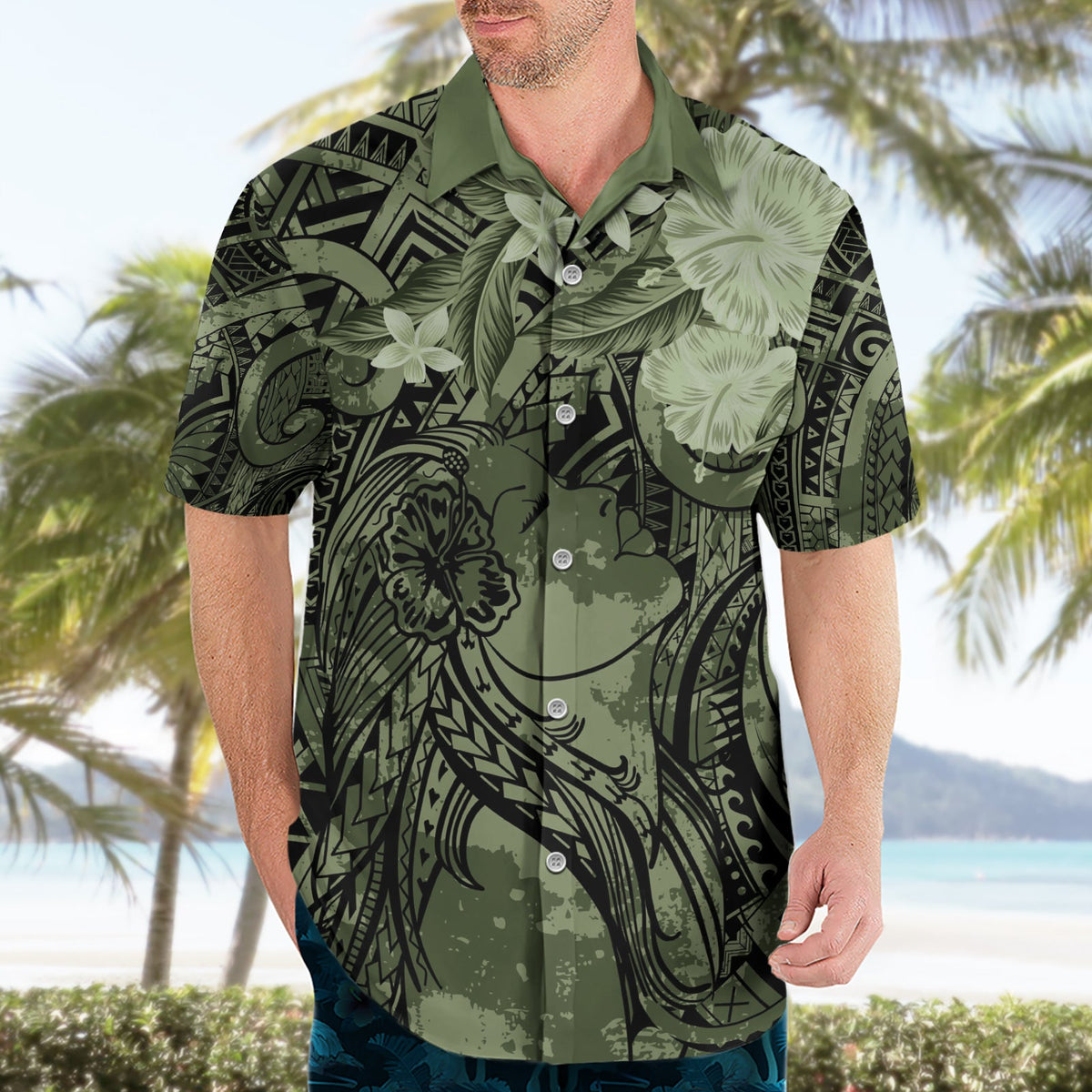 Pacific Beauty Girl Hawaiihemd Grün Polynesisches Tribal Vintage Motiv LT9