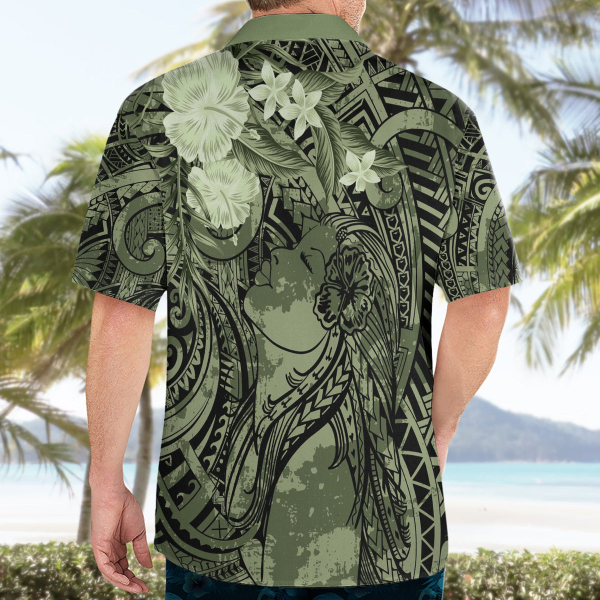 Pacific Beauty Girl Hawaiihemd Grün Polynesisches Tribal Vintage Motiv LT9