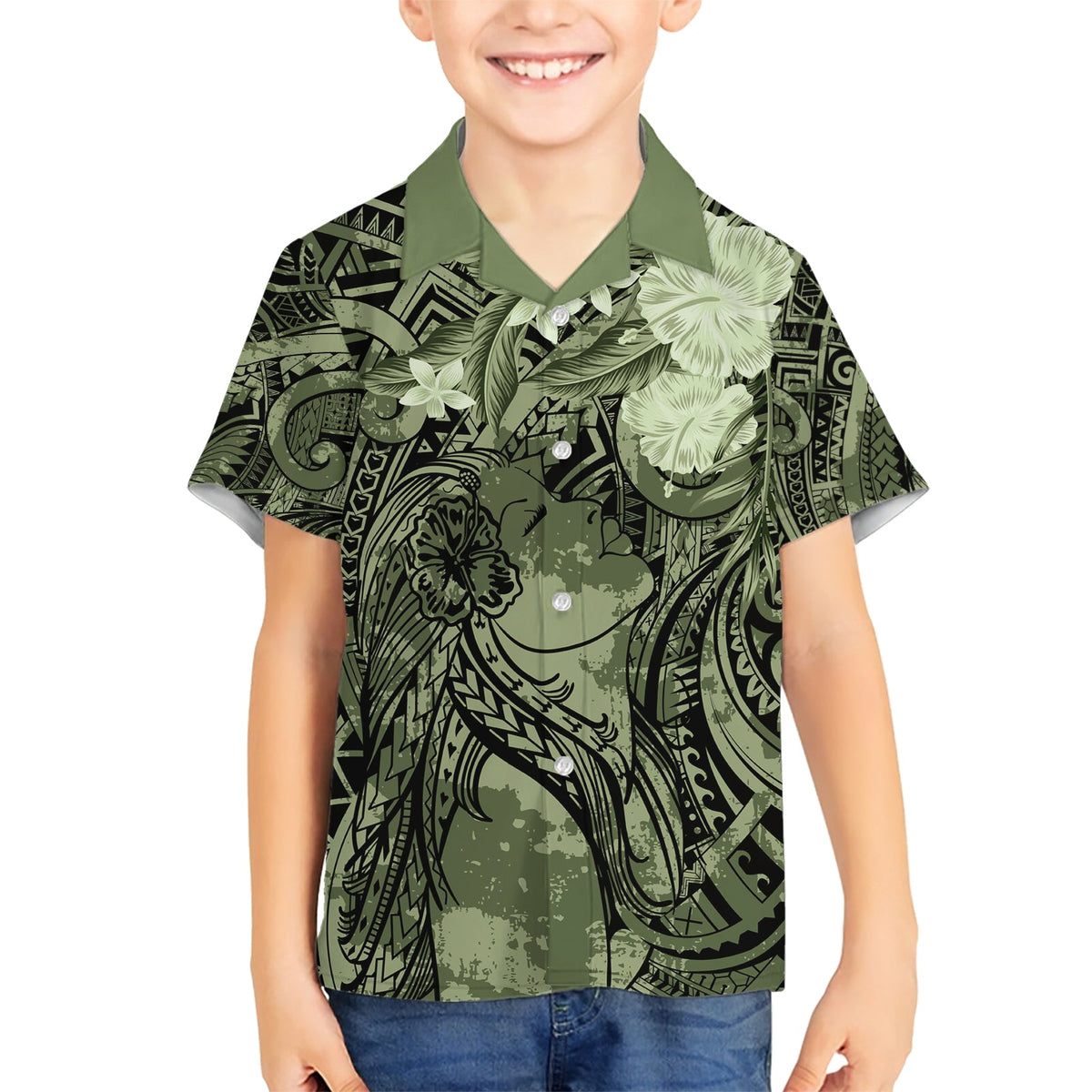Pacific Beauty Girl Hawaiihemd Grün Polynesisches Tribal Vintage Motiv LT9