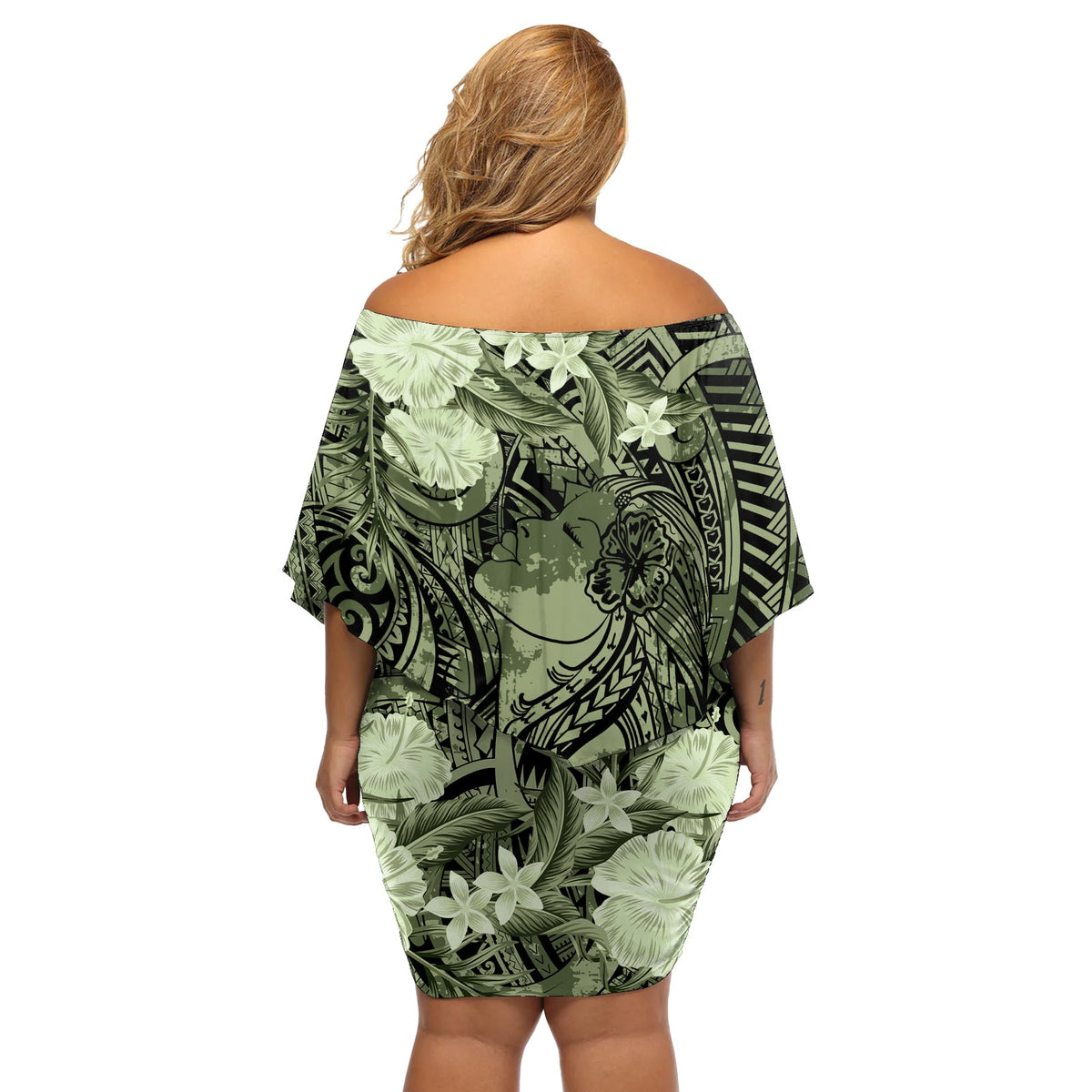 Pacific Beauty Girl Schulterfreies Kurzes blumen kleid Grün Polynesisches Tribal Vintage Motiv LT9