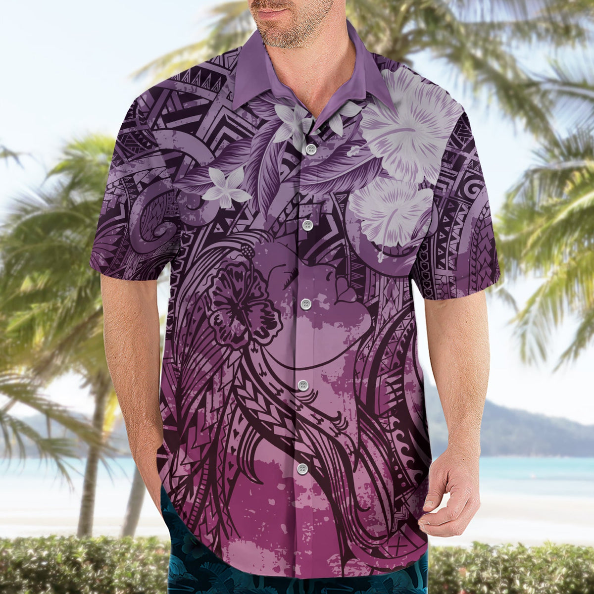 Pacific Beauty Girl Hawaiihemd Rosa Polynesisches Tribal Vintage Motiv LT9