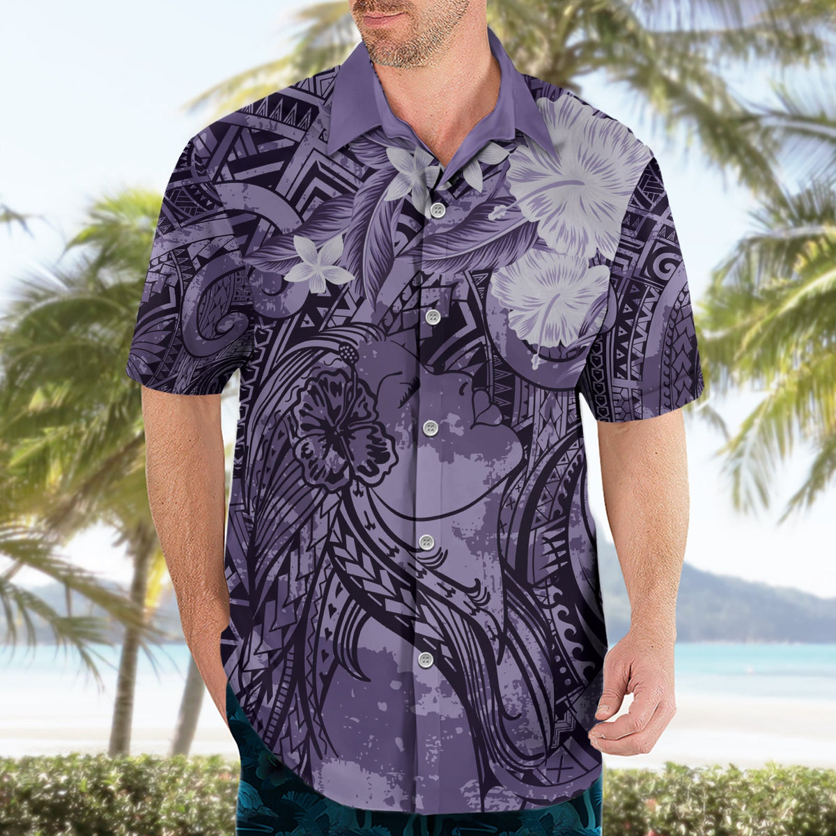 Pacific Beauty Girl Hawaiihemd Violett Polynesisches Tribal Vintage Motiv LT9