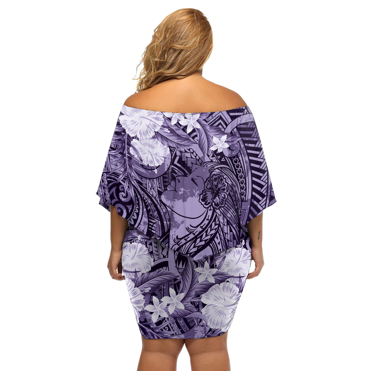 Pacific Beauty Girl Off Shoulder Kurzes blumen kleid Violett Polynesisches Tribal Vintage Motiv LT9