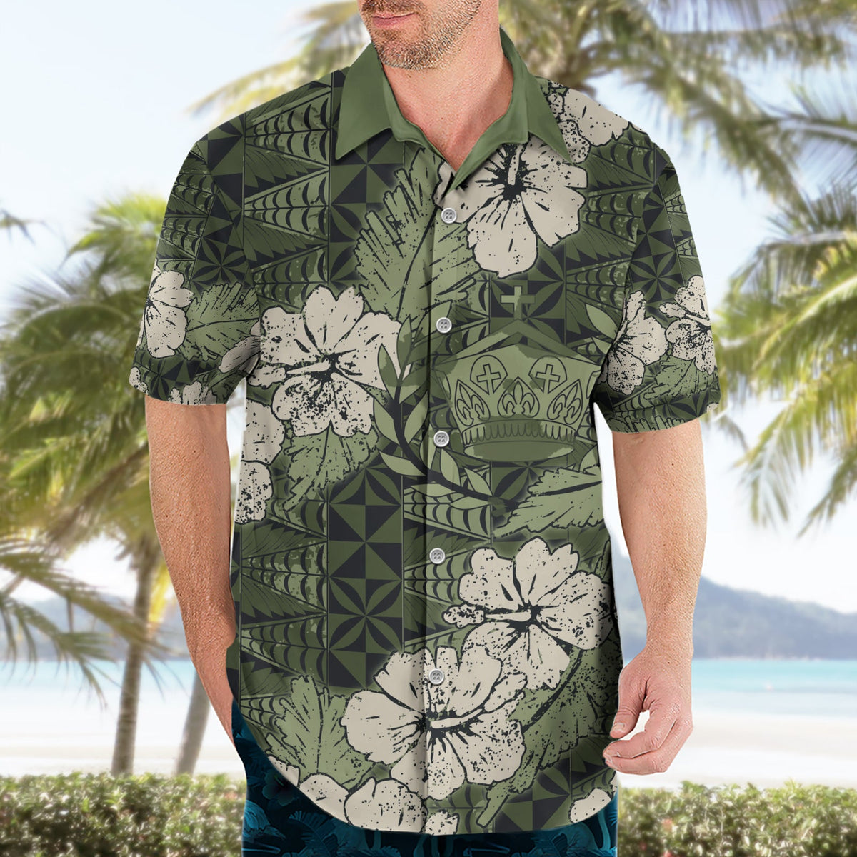 Tonganisches Kupesi Ngatu Hawaiihemd mit Vintage-Motiv Hibiscus LT9