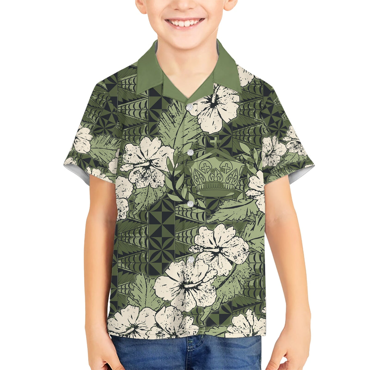 Tonganisches Kupesi Ngatu Hawaiihemd mit Vintage-Motiv Hibiscus LT9