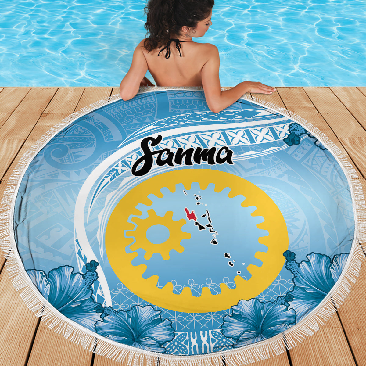 Hawaiian Turtle Day Stranddecke mit polynesischem Tattoo und Hibiskusblüten LT03