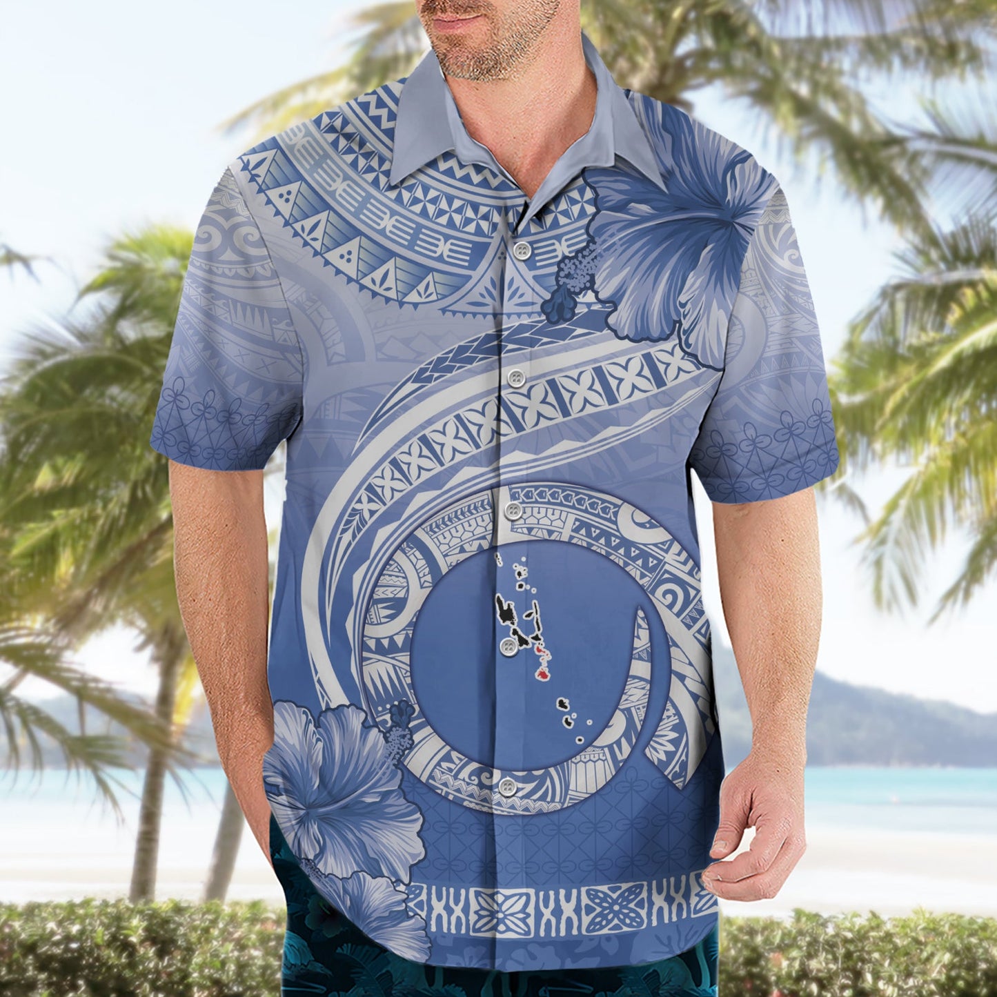 Shefa Vanuatu Hawaiihemd Hibiscus Sand Zeichnung mit Pazifikmuster LT9