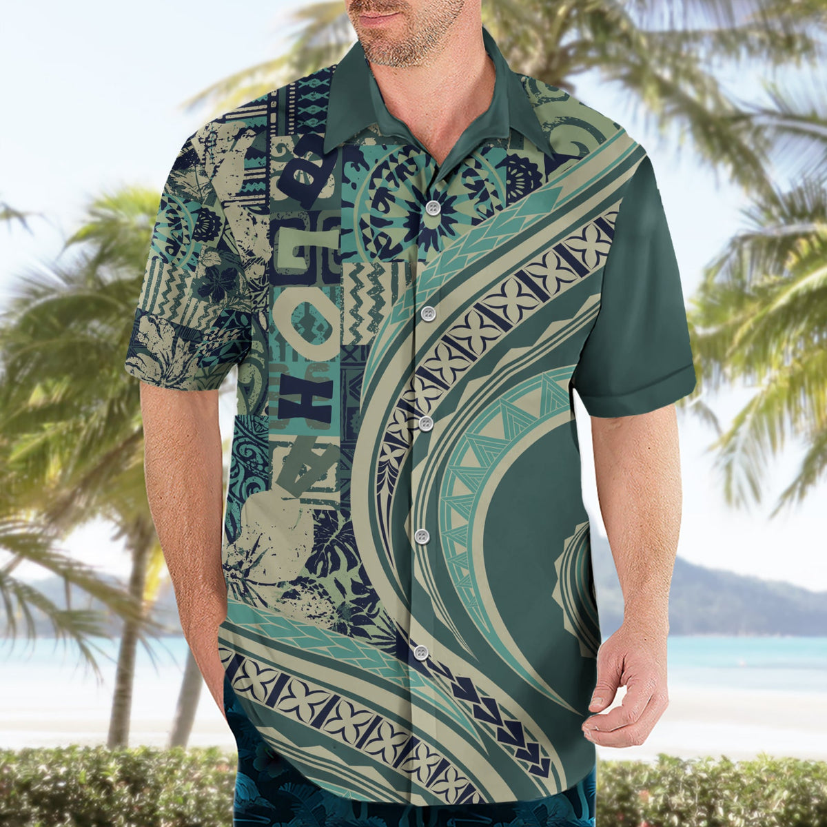 Hawaiianisches Hibiskus-Tribal-Hemd mit Vintage-Motiv, Ver. 1, LT9