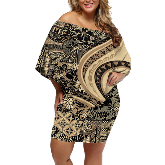 Hawaiian Hibiscus Tribal Vintage Motif Off Shoulder Short Dress Ver 2