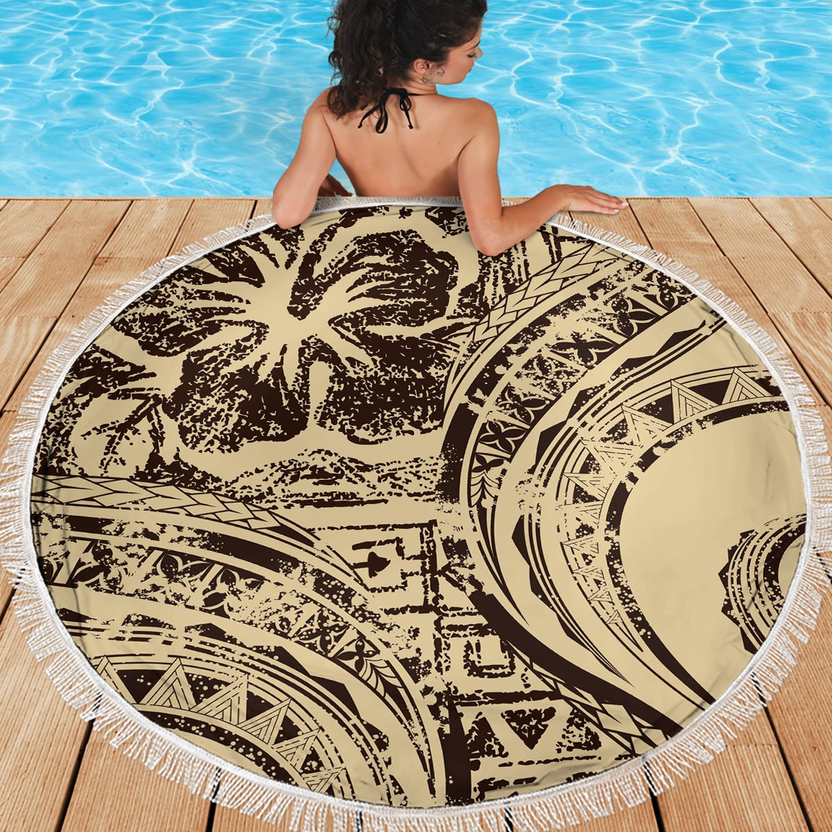 Pacific Beauty Girl Stranddecke Schwarz Polynesisches Tribal Vintage Motiv LT9