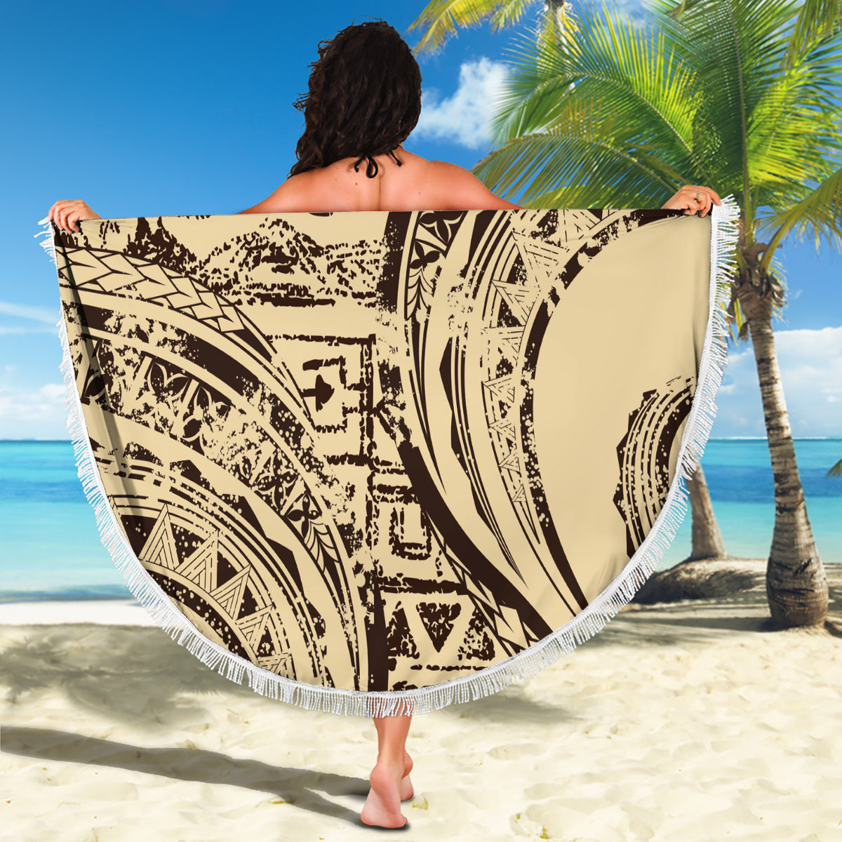 Pacific Beauty Girl Stranddecke Schwarz Polynesisches Tribal Vintage Motiv LT9