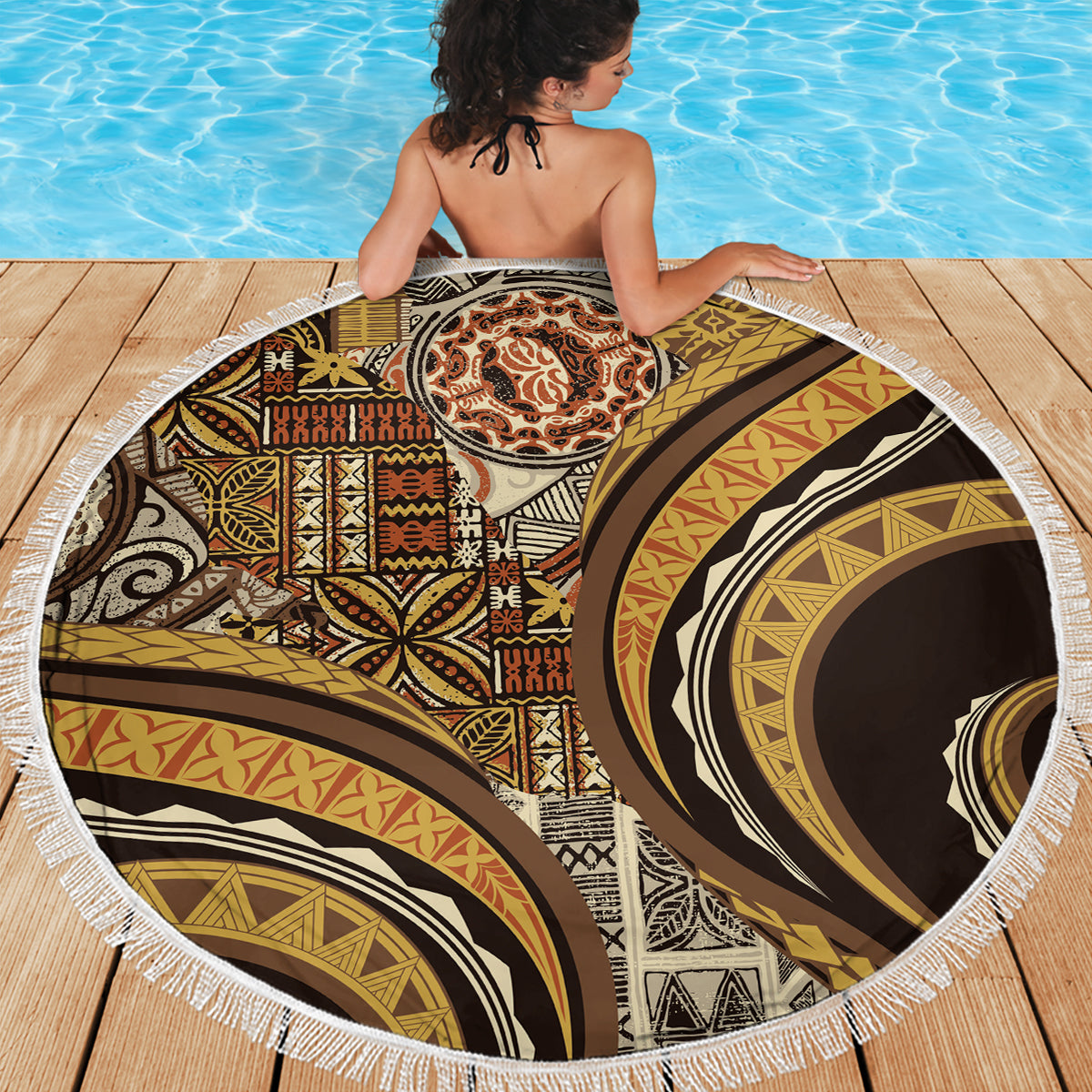 Pacific Beauty Girl Stranddecke Blau Polynesisches Tribal Vintage Motiv LT9