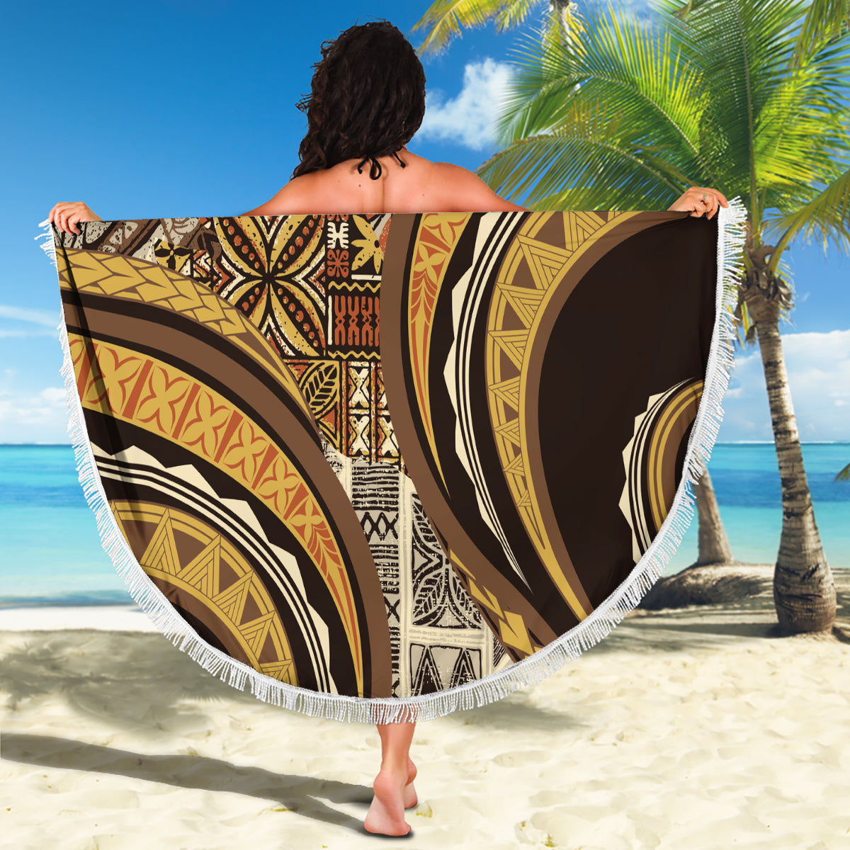 Pacific Beauty Girl Stranddecke Blau Polynesisches Tribal Vintage Motiv LT9