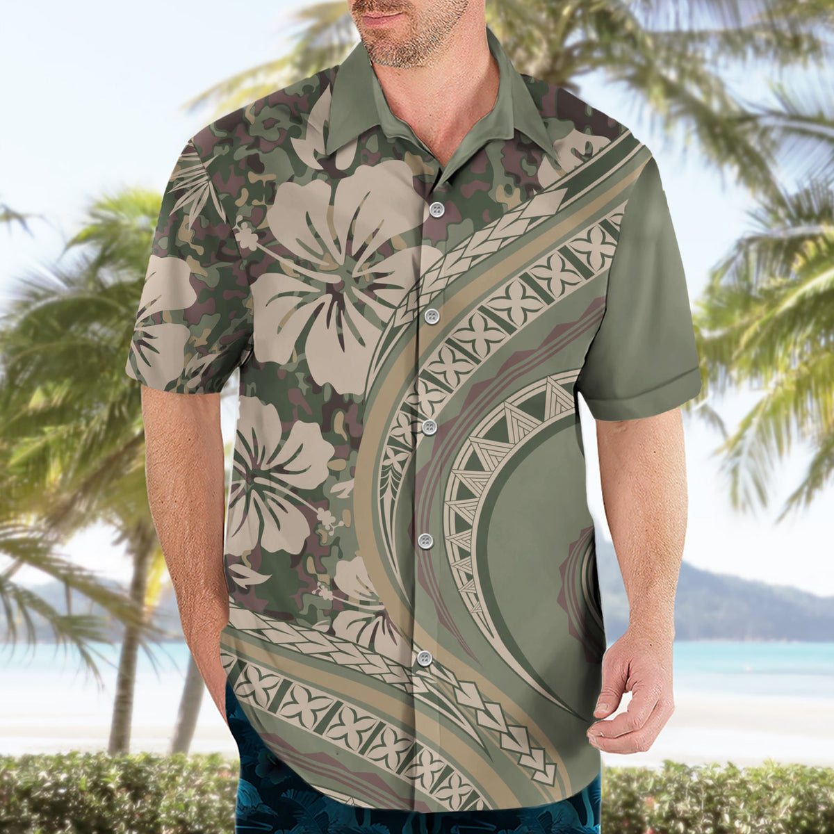Hawaiianisches Hibiskus-Tribal-Hemd mit Vintage-Motiv, Ver. 6, LT9