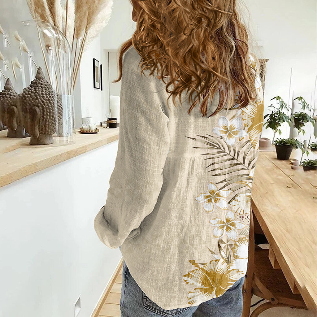 Pasifika Sataoa Muster Plumeria Vintage Frauen Casual Shirt Beige Tan LT9