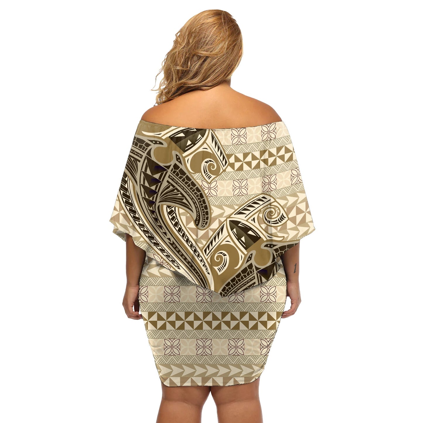 Vintage Hammerhai Valentinstag schulterfreies kurzes Kleid blumen Pasifika Sataoa Muster - Beige Tan LT9