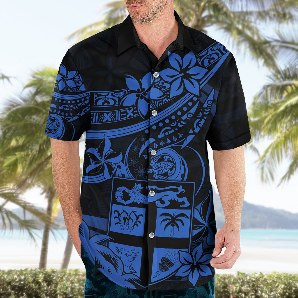 Fidschi-Inseln Hawaiihemd Wappen Fidschianische Blume Polynesisches Muster - Blau LT9