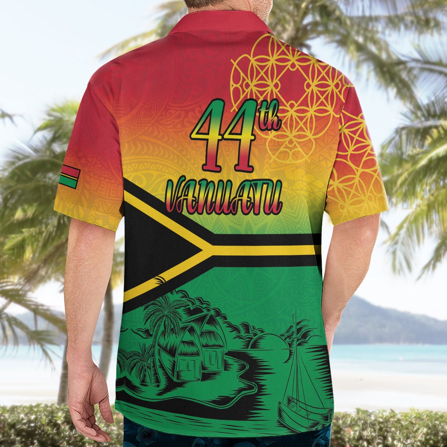 Hapi 44. Unabhängigkeits-Dei-Vanuatu Hawaiihemd Yumi 1980 mit Vanuatu-Strandlandschaft LT9