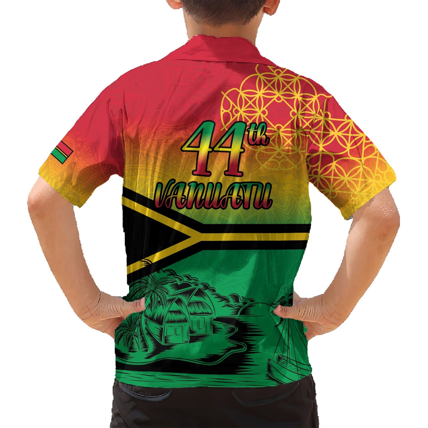 Hapi 44. Unabhängigkeits-Dei-Vanuatu Hawaiihemd Yumi 1980 mit Vanuatu-Strandlandschaft LT9