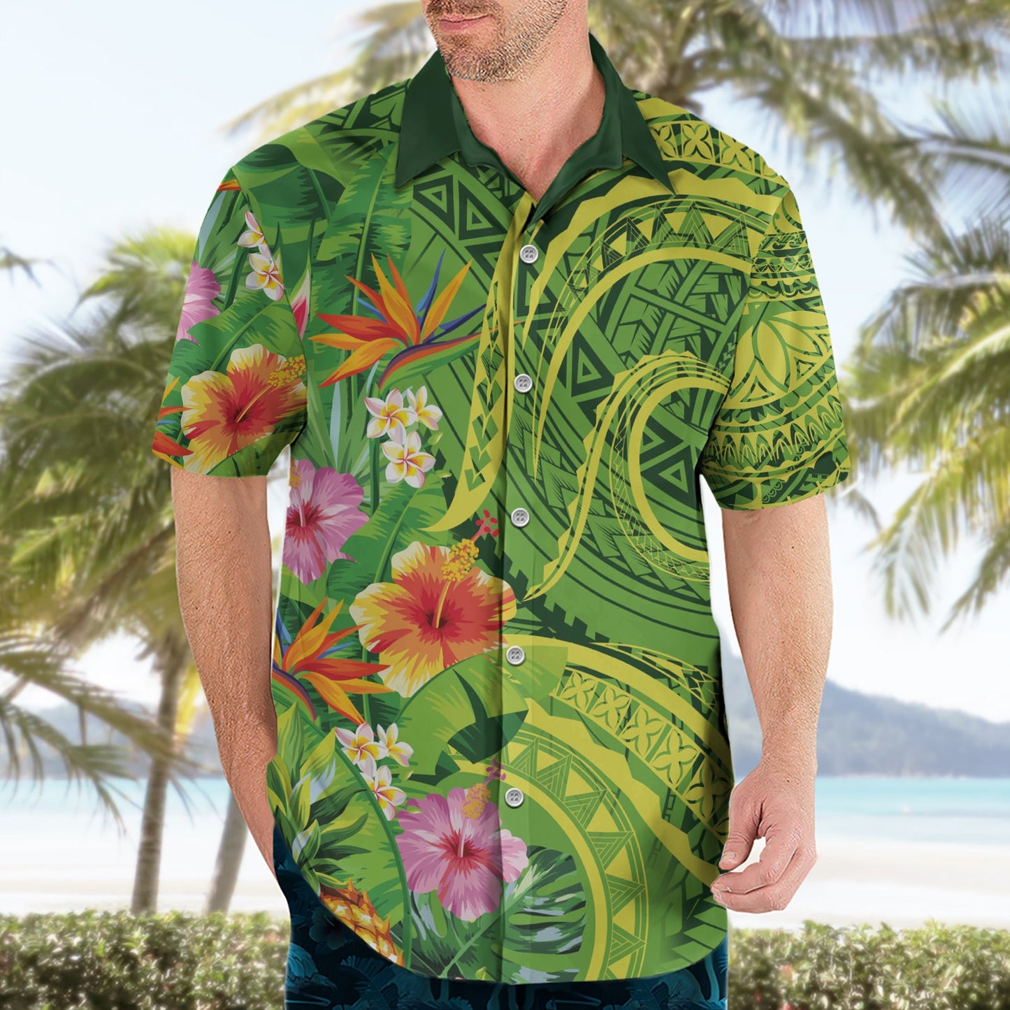 Polynesisches Tribal Blumen Tattoo Hawaiihemd Special Lime Green Vibe LT9