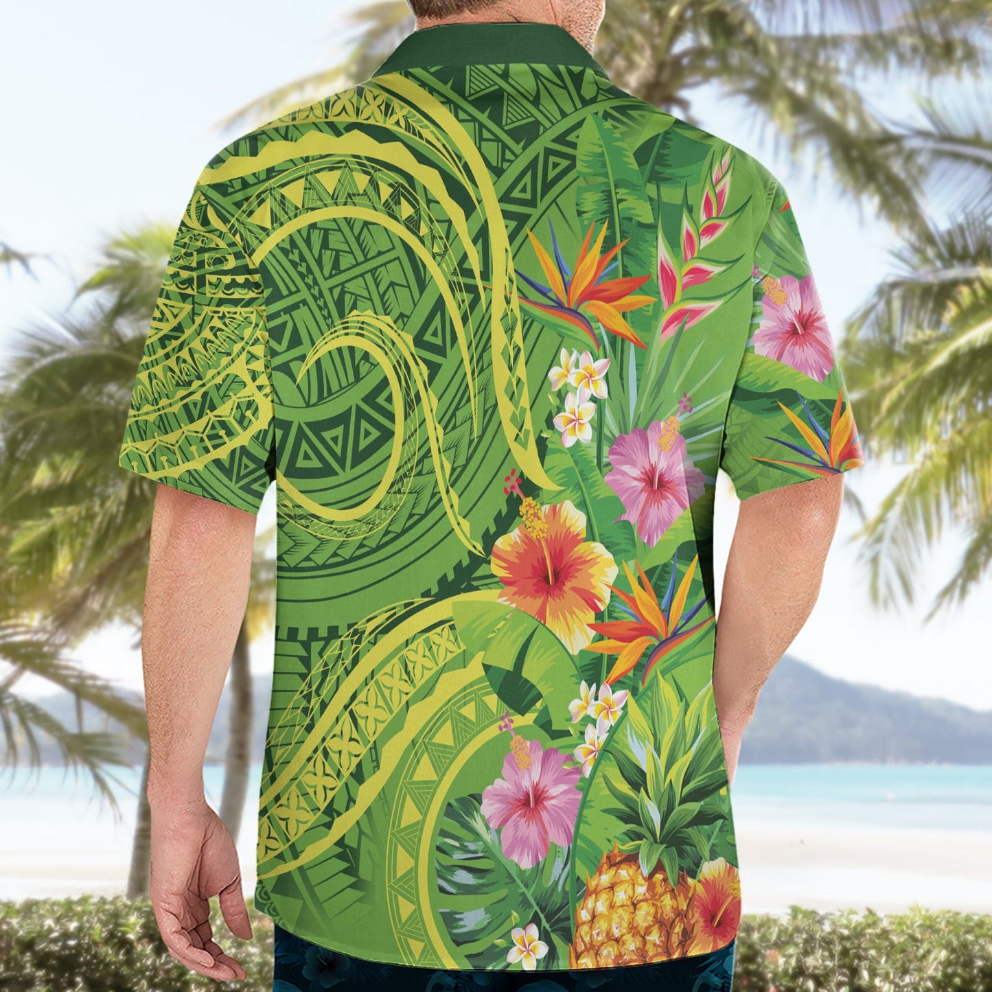Polynesisches Tribal Blumen Tattoo Hawaiihemd Special Lime Green Vibe LT9