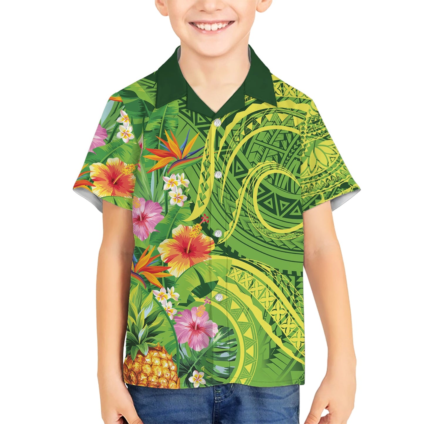 Polynesisches Tribal Blumen Tattoo Hawaiihemd Special Lime Green Vibe LT9