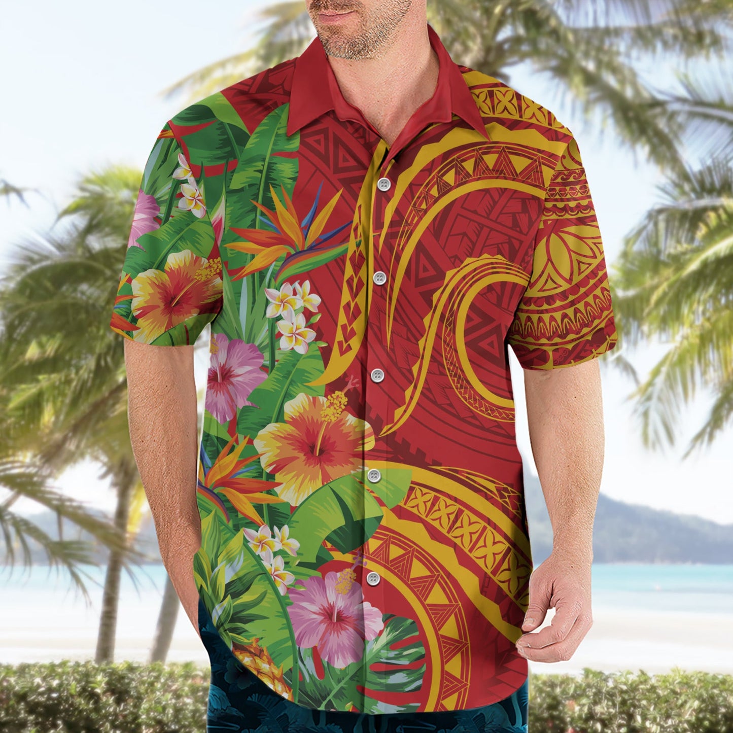 Polynesisches Tribal Blumen Tattoo Hawaiihemd Special Vermilion Vibe LT9