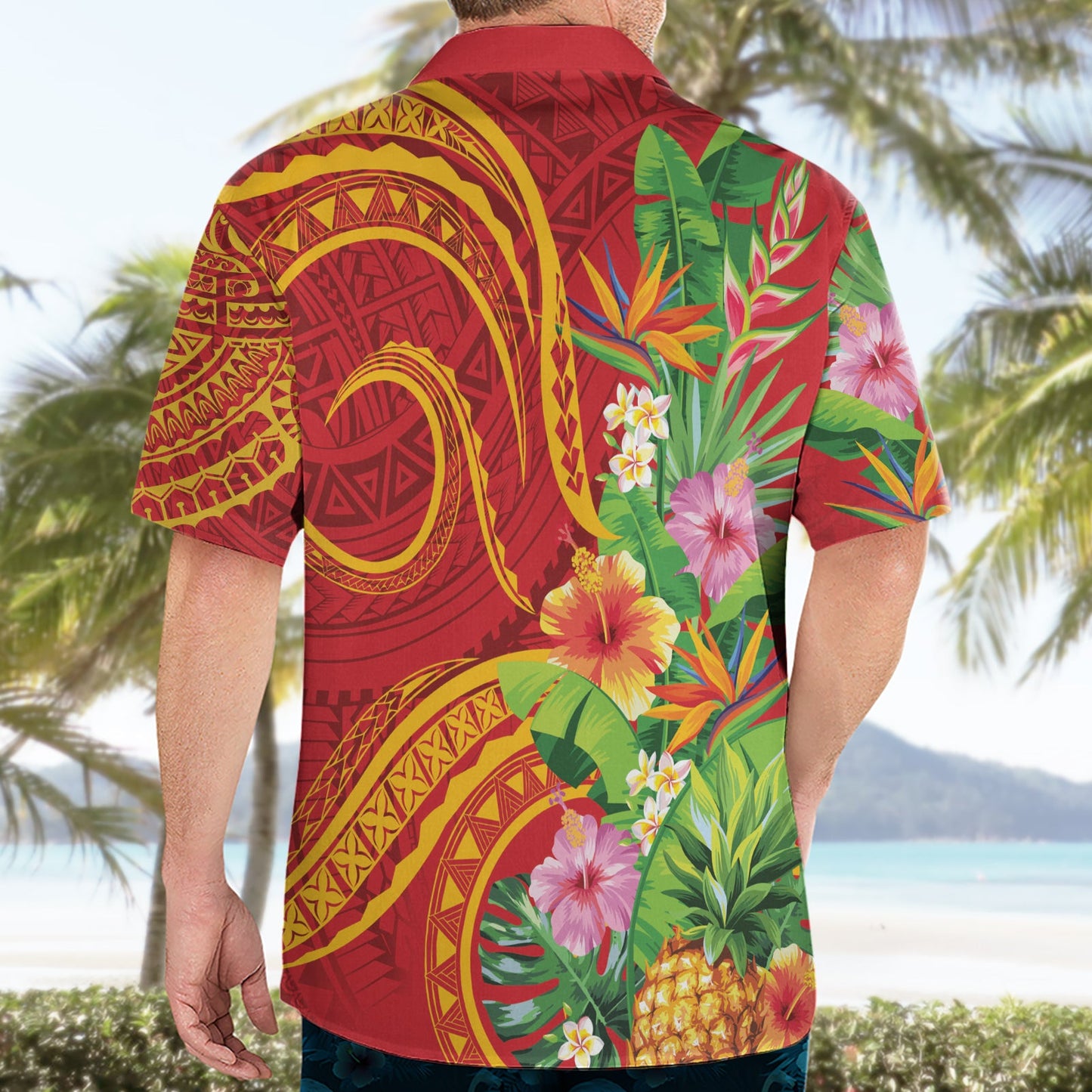 Polynesisches Tribal Blumen Tattoo Hawaiihemd Special Vermilion Vibe LT9