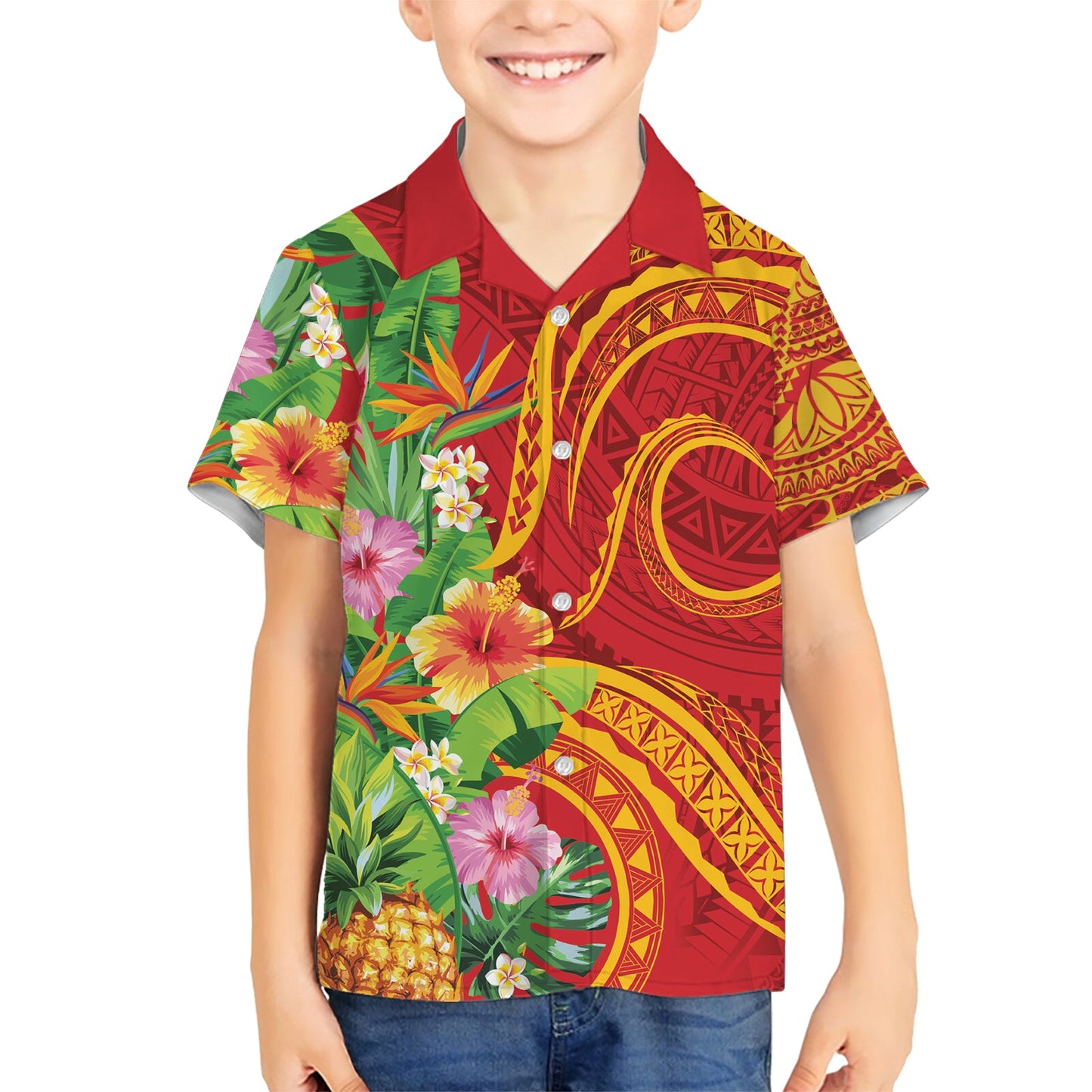Polynesisches Tribal Blumen Tattoo Hawaiihemd Special Vermilion Vibe LT9