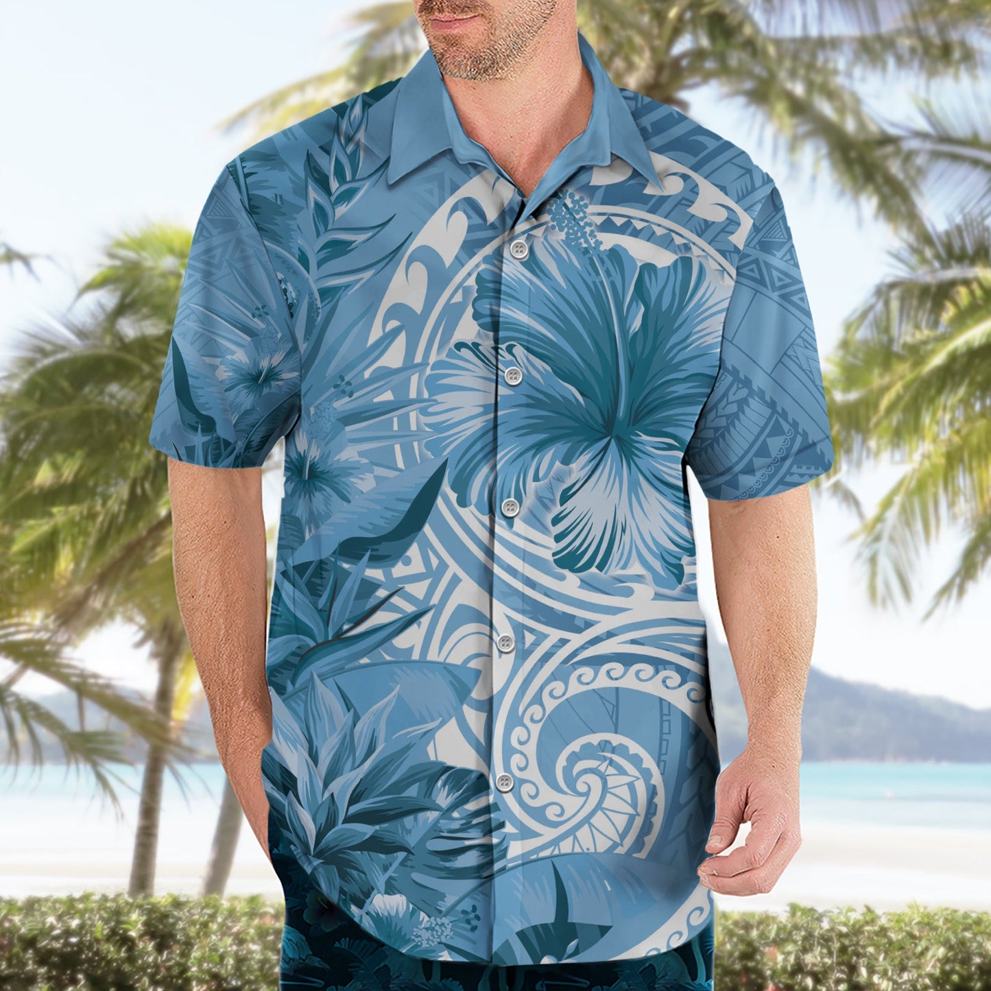 Polynesisches Hibiskusblüten-Tribal-Hawaii-Hemd in Blau LT9