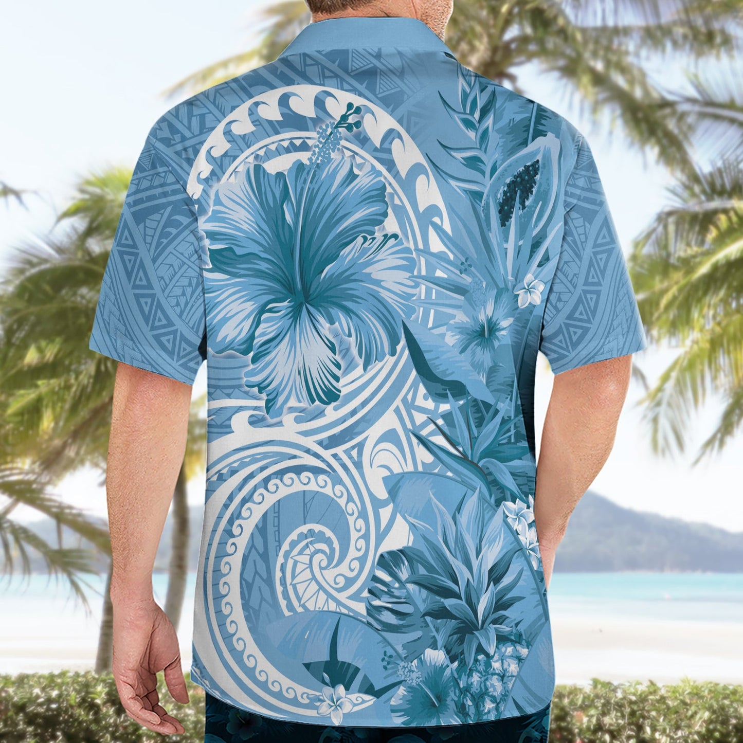 Polynesisches Hibiskusblüten-Tribal-Hawaii-Hemd in Blau LT9