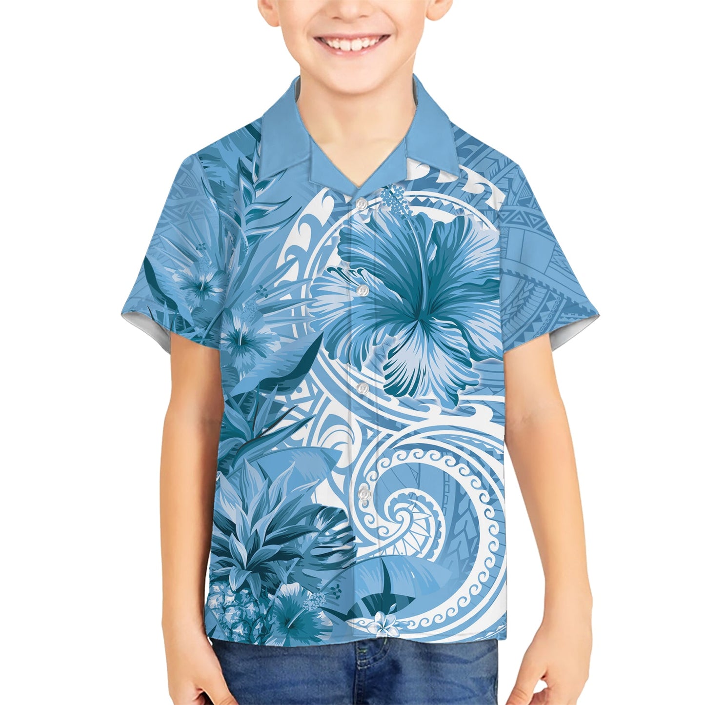 Polynesisches Hibiskusblüten-Tribal-Hawaii-Hemd in Blau LT9