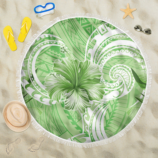 Polynesian Hibiscus Flower Tribal Beach Blanket Lime Green Color