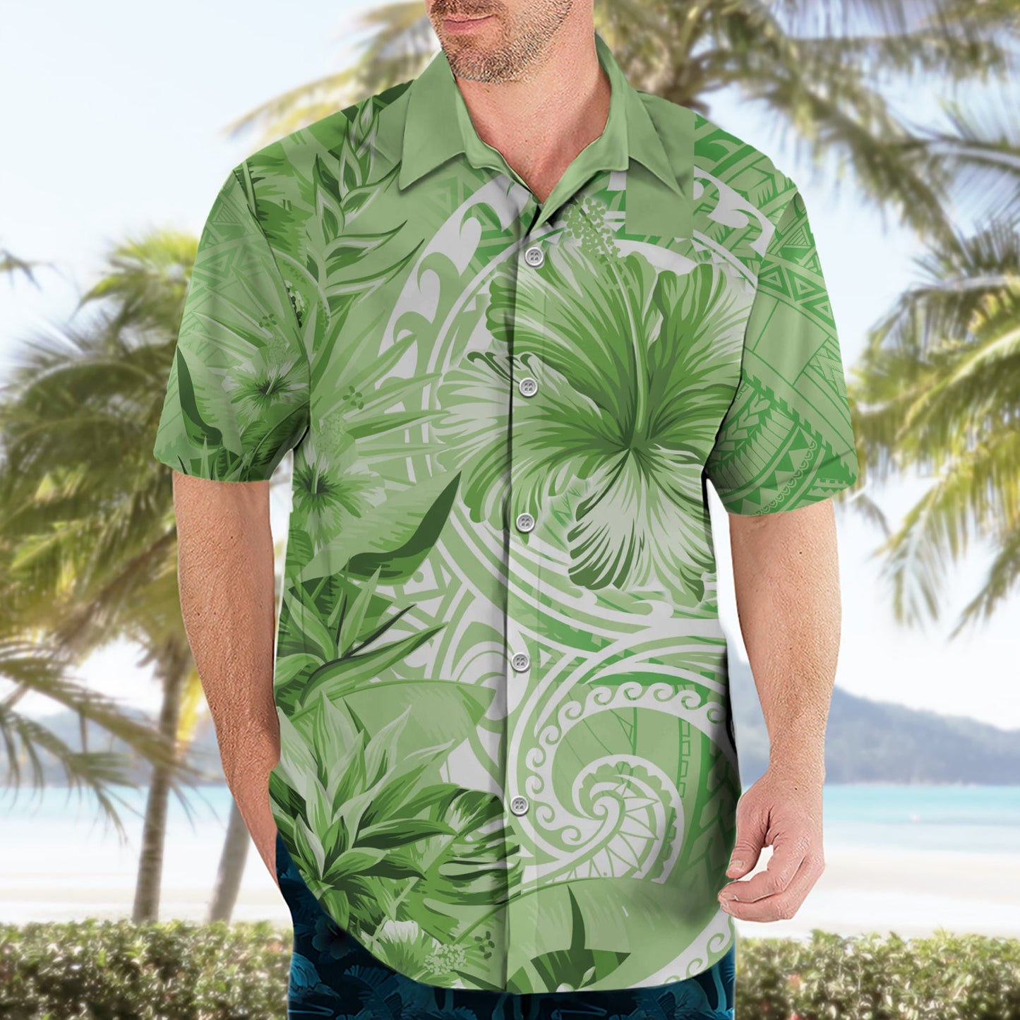 Polynesisches Hibiskusblüten-Tribal-Hawaii-Hemd, Limettengrün, LT9