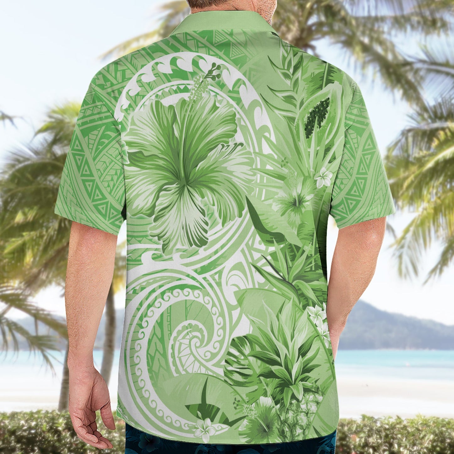 Polynesisches Hibiskusblüten-Tribal-Hawaii-Hemd, Limettengrün, LT9