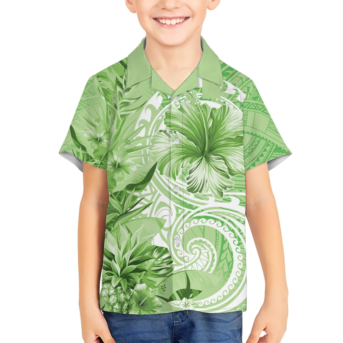 Polynesisches Hibiskusblüten-Tribal-Hawaii-Hemd, Limettengrün, LT9