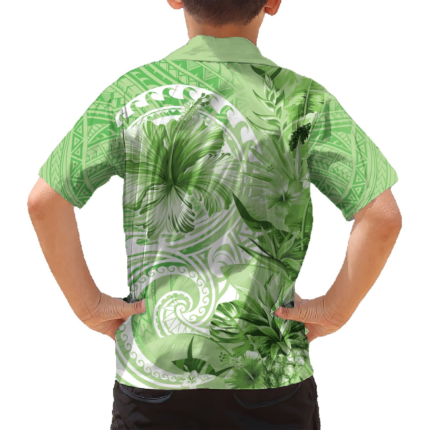 Polynesisches Hibiskusblüten-Tribal-Hawaii-Hemd, Limettengrün, LT9