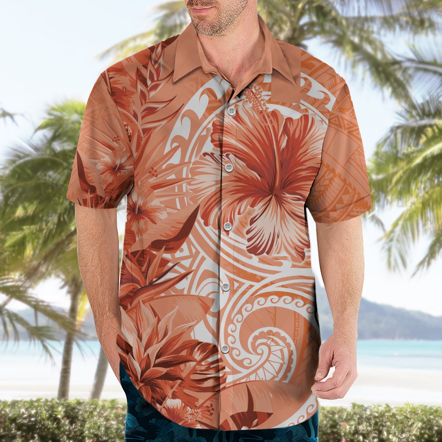 Polynesisches Hibiskusblüten-Tribal-Hawaii-Hemd, Pfirsichfarbe LT9