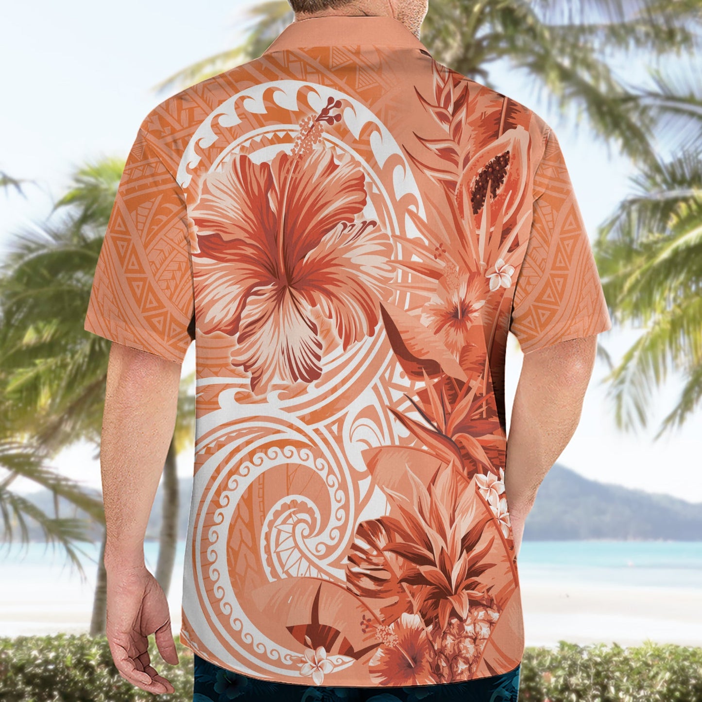 Polynesisches Hibiskusblüten-Tribal-Hawaii-Hemd, Pfirsichfarbe LT9