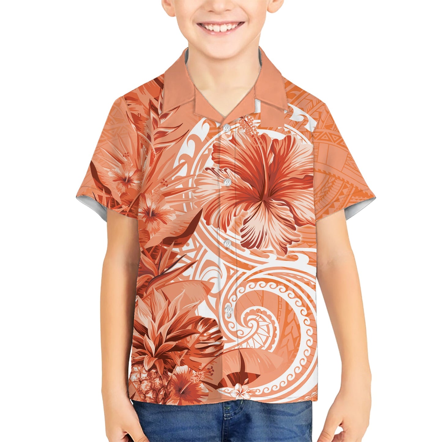 Polynesisches Hibiskusblüten-Tribal-Hawaii-Hemd, Pfirsichfarbe LT9