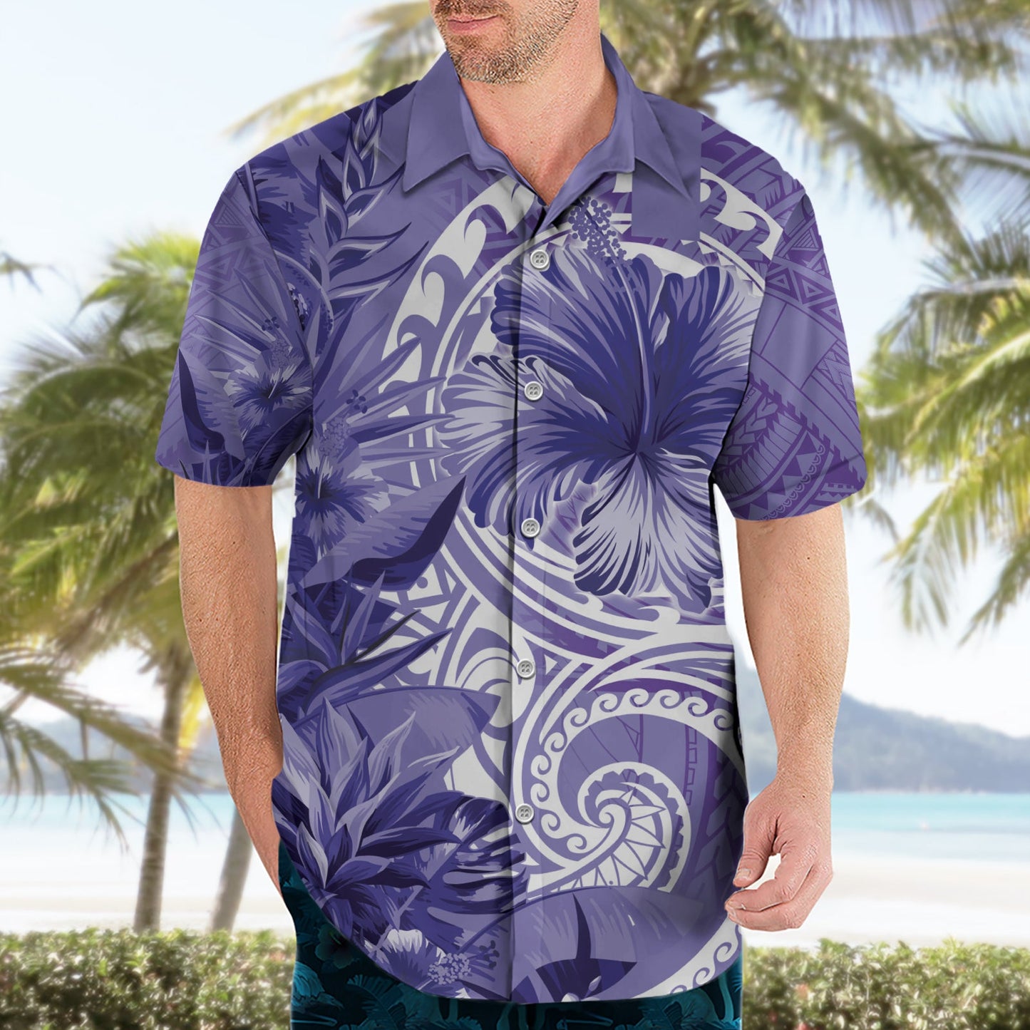 Polynesisches Hibiskusblüten-Tribal-Hawaii-Hemd, violett, LT9