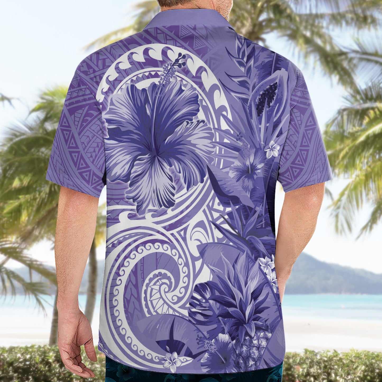 Polynesisches Hibiskusblüten-Tribal-Hawaii-Hemd, violett, LT9