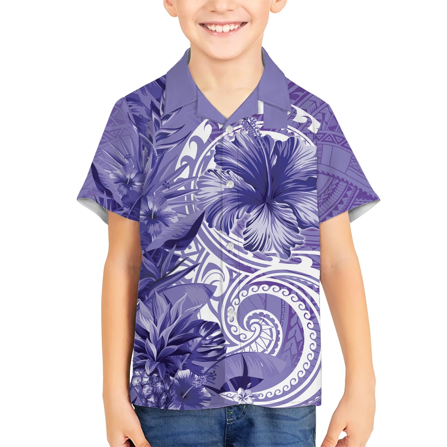 Polynesisches Hibiskusblüten-Tribal-Hawaii-Hemd, violett, LT9