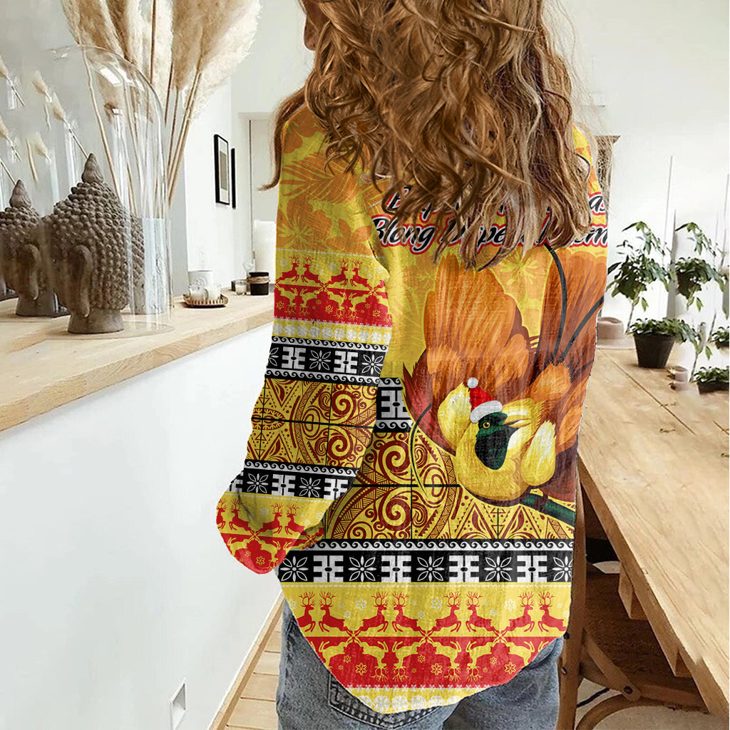 PNG Hamamas Krismas Frauen Casual Shirt Papua-Neuguinea Paradiesvogel Frohe Weihnachten Gold Stil LT9