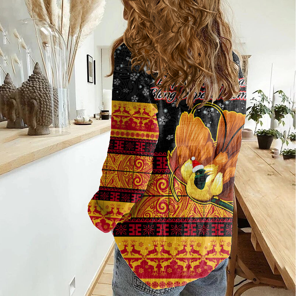 PNG Hamamas Krismas Frauen Casual Shirt Papua-Neuguinea Paradiesvogel Frohe Weihnachten Schwarz Stil LT9